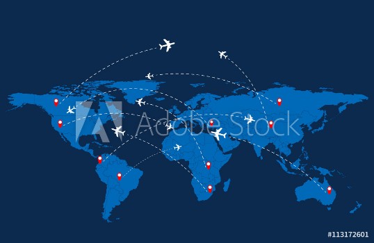 Bild på World travel map with airplanes Vector illustration